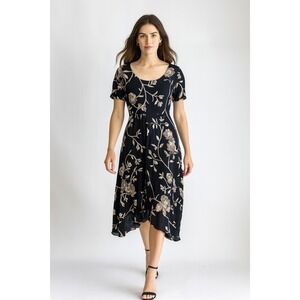 Nostalgia 90s vtg black white floral bias‎ midi dress size M